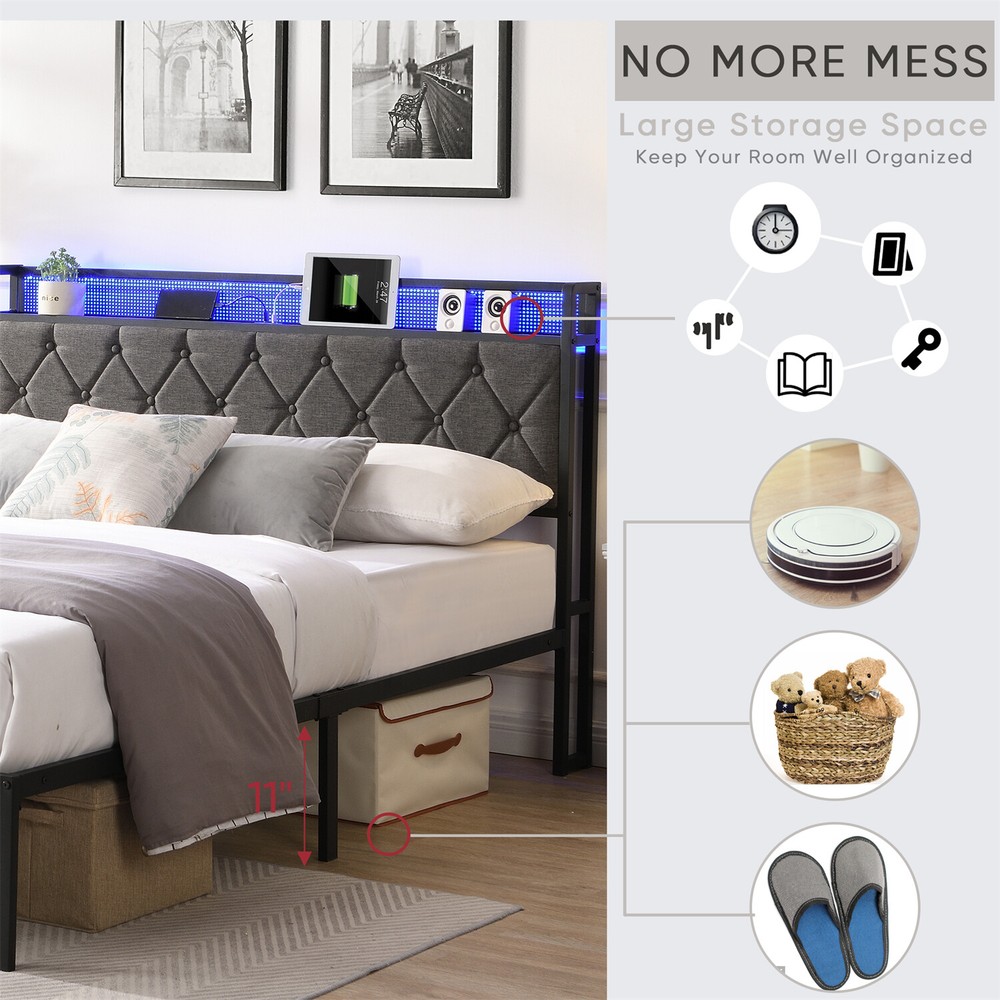Full Size LED Bed Frame w/ Headboard & USB Port Upholstered Platform Bed Frame