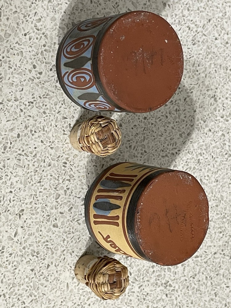2 SMALL PRIDDOE'S STUDIO POTTERY HAND PAINTED "CIDER" BOTTLES PAIGNTON DEVON
