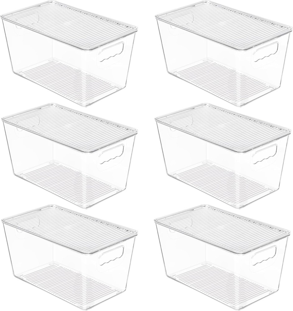 6 Pack Clear Stackable Storage Bins W/ Lids Medium Plastic Containers W/ Handle
