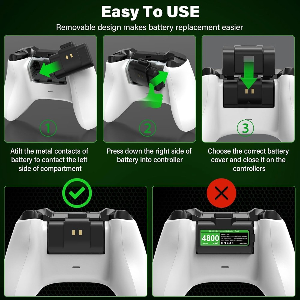 Rechargeable Controller Battery Pack for Xbox,2x4800mWh(2000mAh) Batteries Pack