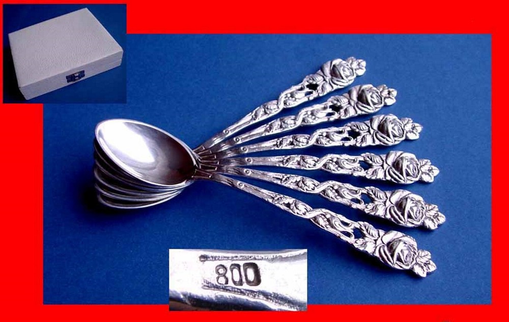 Rare Set, 6 Cake Fork + 6 Coffee Spoon, Rose, 800 Silver B401