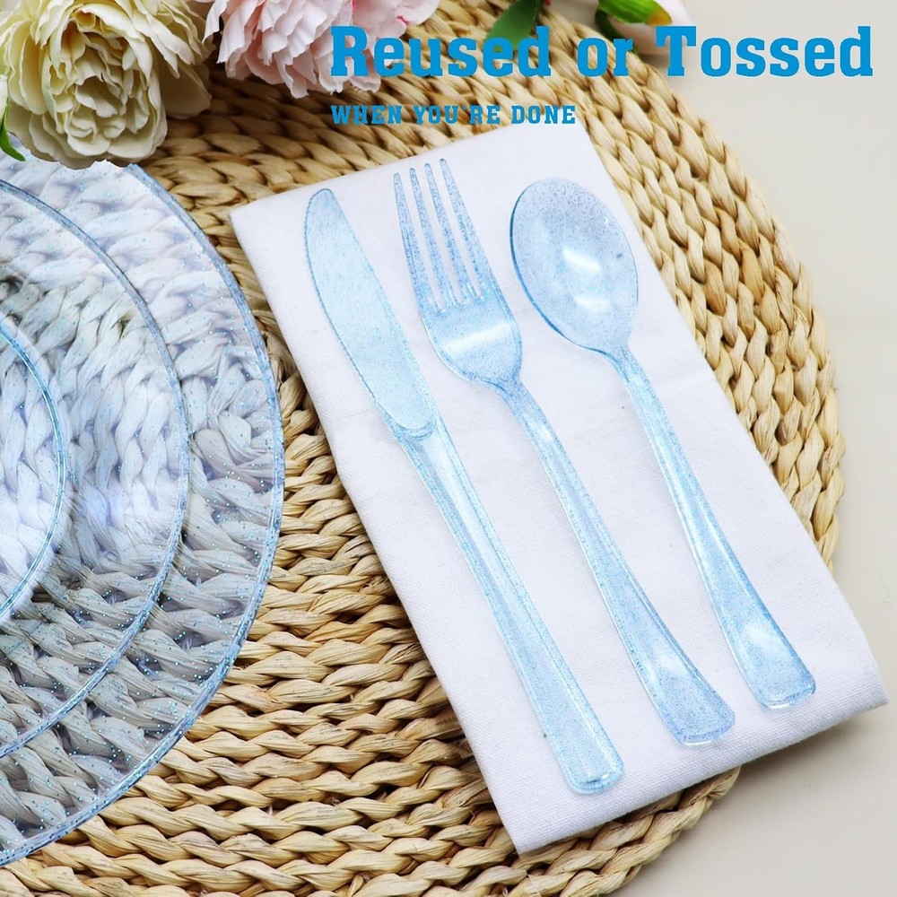150 Pack Blue Plastic Silverware, Glitter Silverware 150,