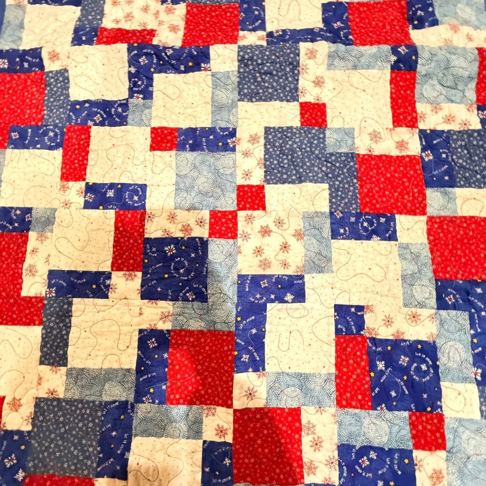 Handmade Patchwork Baby Quilt Blanket Red White Blue Snowflake Nursery Throw