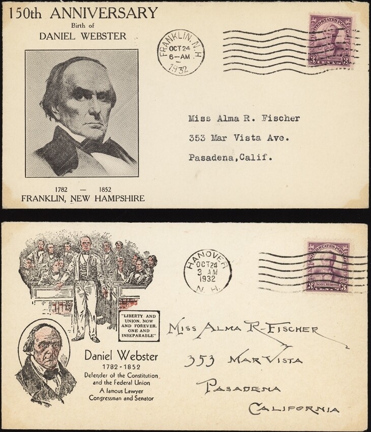 U.S., 1932. First Day x4, Daniel Webster 725, Franklin/Hanover