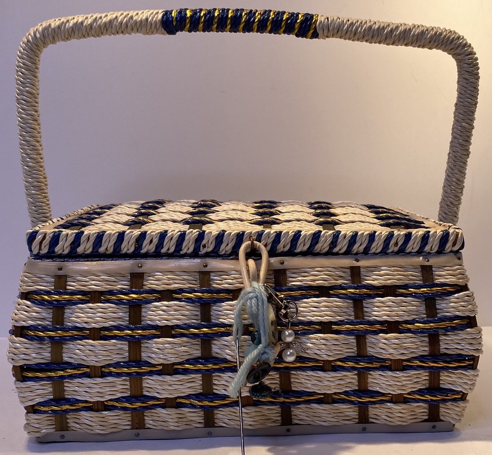 Musical Wicker Sewing Basket Notions Keepsake Kit Blue