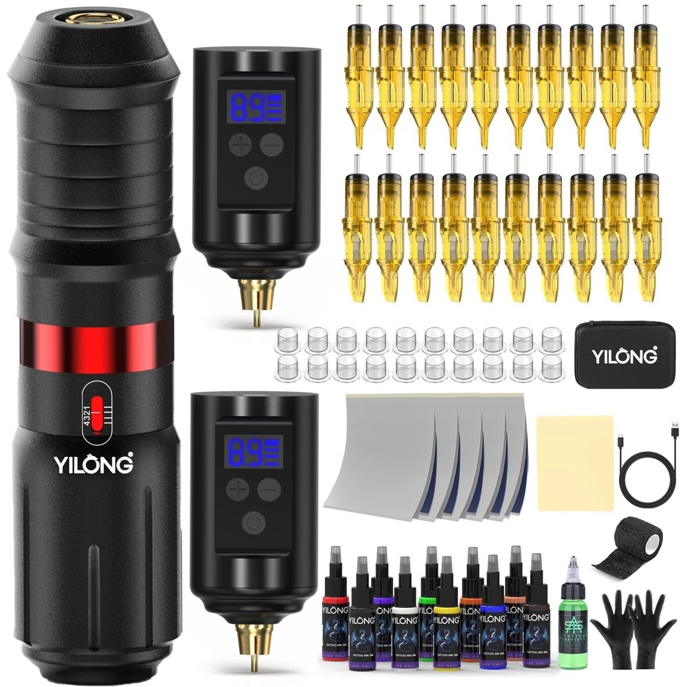 Wireless Tattoo Machine Pen Power Supply Battery Needle Ink Kit Permanent Set