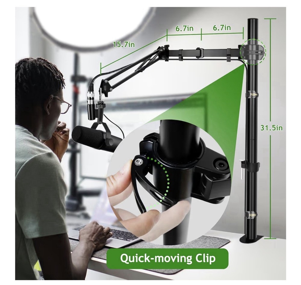 Mic Boom Arm, Adjustable Height Overhead Microphone Stand with Heightened Ext...