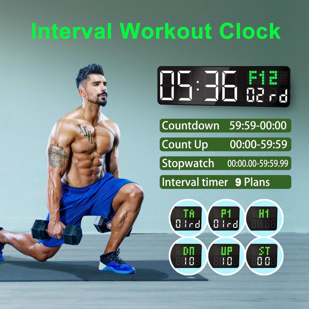 12'' Gym Timer, Interval Workout Clock for Home Gym Digital Wall Clock with S...