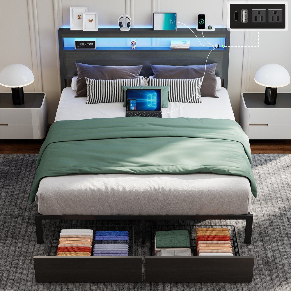 Full Queen Size Metal Platform Bed Frame with 2 Storage Drawers ＆Charging,LED