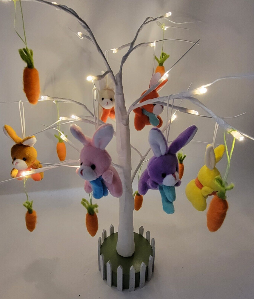 Lighted 22 Inch Easter Spring Tree 14 Hanging Plush Ornaments Rabbits Carrots