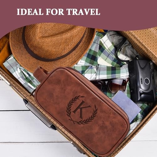 Leather Toiletry Bag for Men, Personalized Laserngraved Initials & Red Brown E