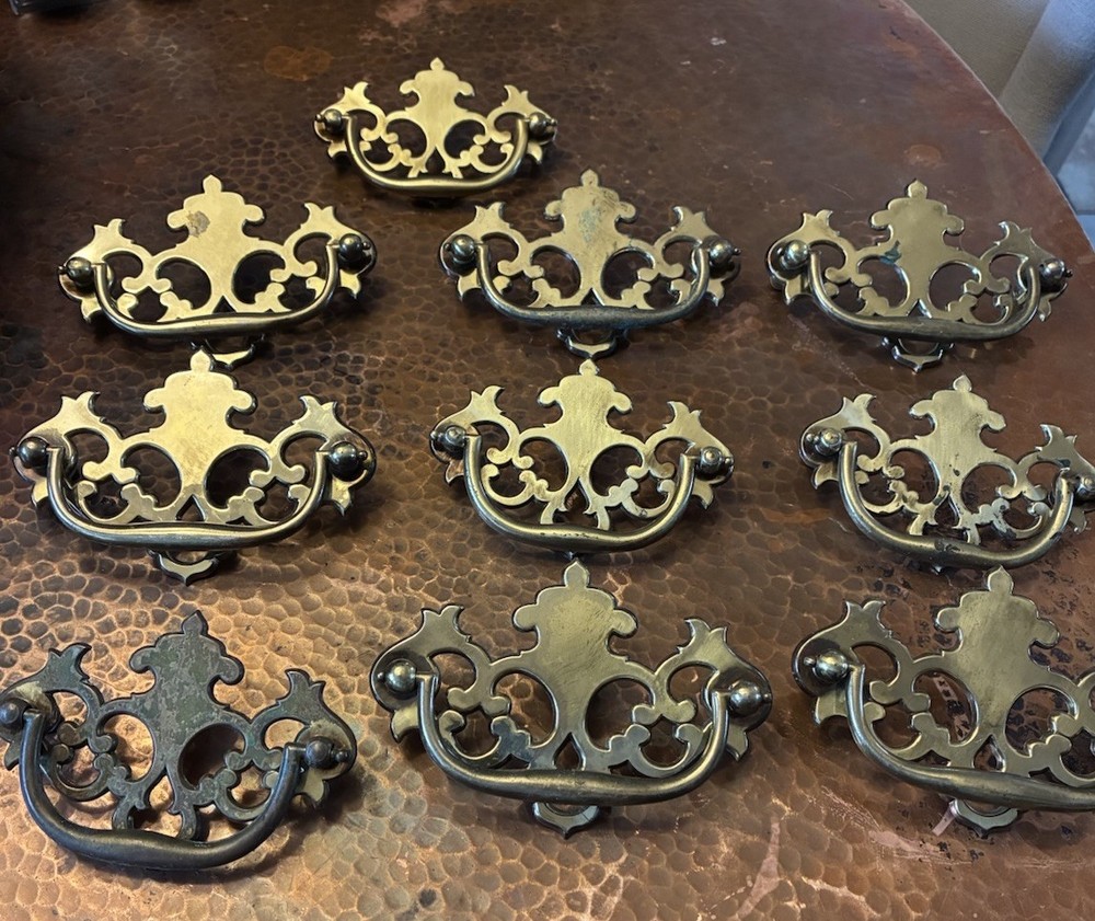 Fancy Drexel Chippendale Solid Brass Drawer Pulls Set 10 Bat Wing 4 3/4”w