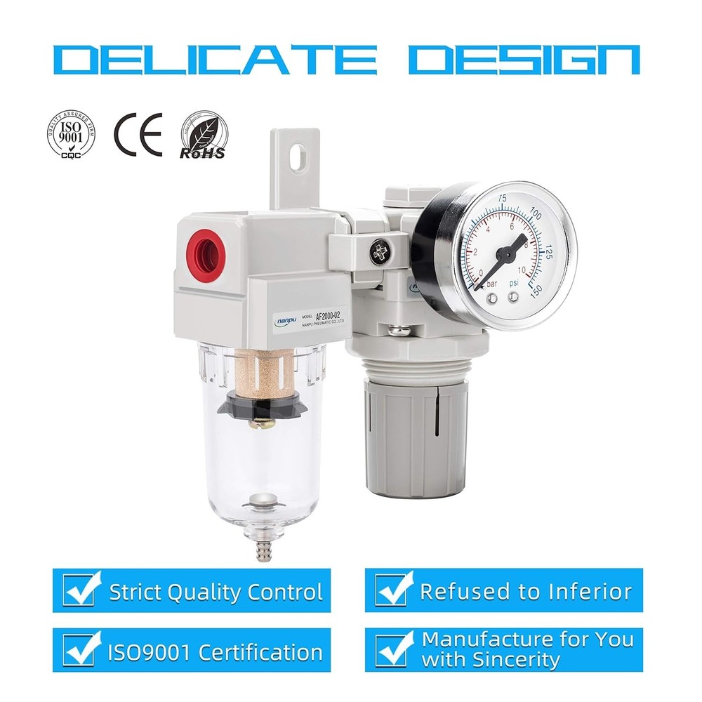 Air Filter Regulator Combo with Polycarbonate Bowl and Semi-Automatic Drain