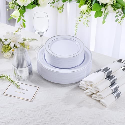 350PCS Silver Plastic Dinnerware Set for 50 Guests, 350PCS（50 Guests) A Silver
