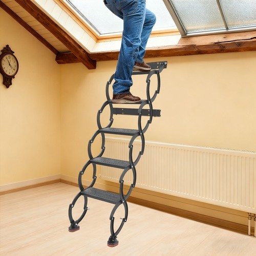 5-Step Wall Mounted Folding Ladder, Black Retractable Telescoping Step Stairs