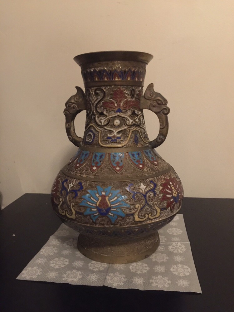 Antique Cloisonne Bronze Dragon Ear Jar