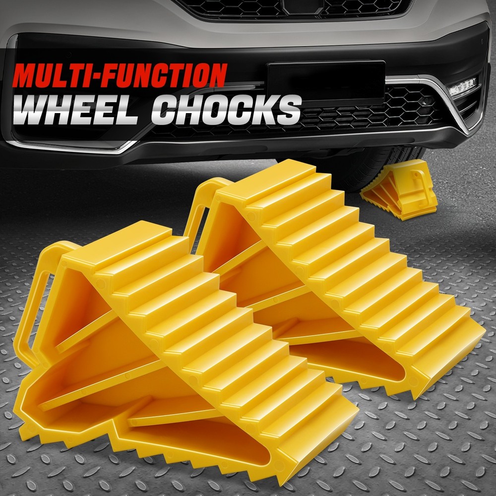 For Truck RV Trailer Heavy Duty Wheel Chocks Tire Stopper Yellow w/ Handle 2Pcs