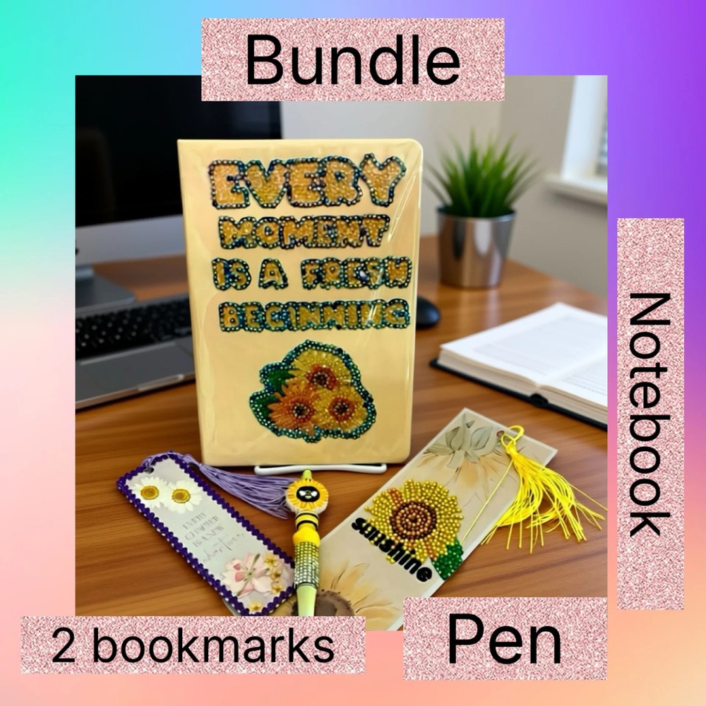 Sunflower Sunshine Bundle  includes Notebook , 2 Bookmarks + Beaded Pen