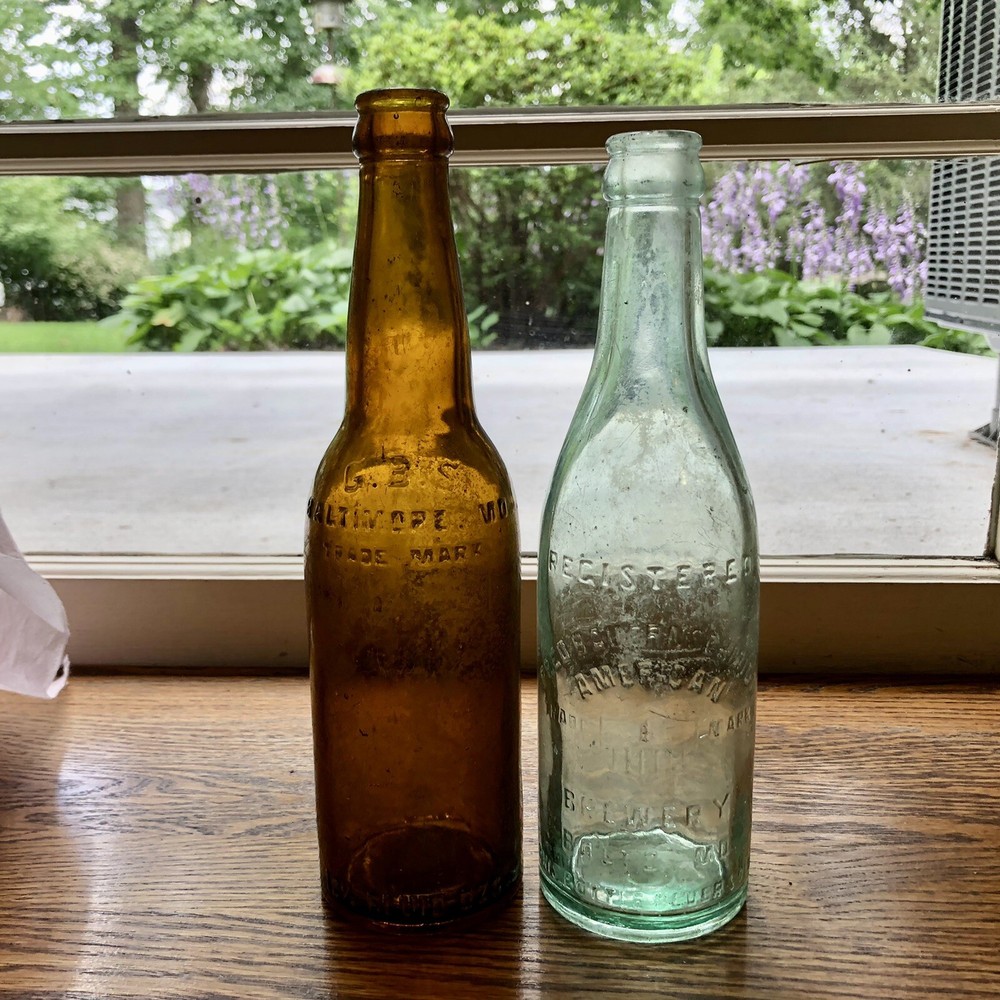 2 Diff Emb Pre-Pro Baltimore MD Beer Bottles Fred Bauernschmidt GBS Aqua & Amber