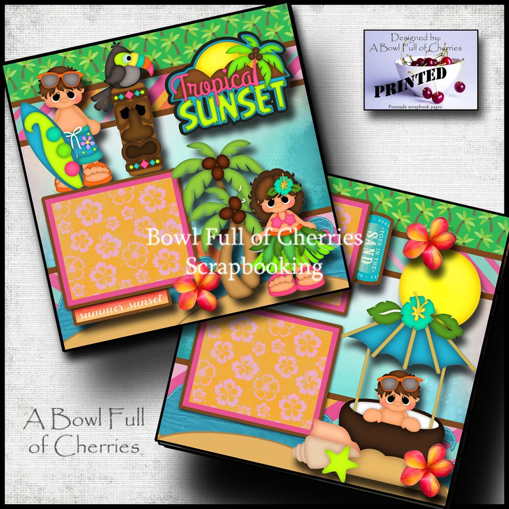 TROPICAL beach vacation  2 PREMADE SCRAPBOOK PAGES paper piecing layout ~ CHERRY