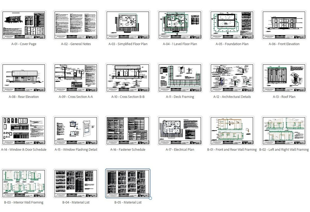 26’x36’ Lean Cabin Architectural Full Set Plan,Modern Cottage Construction Blue