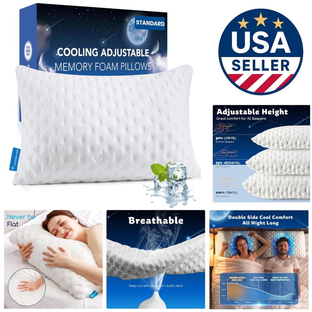 Luxury Cooling Side Sleeper Pillow - Adjustable Shredded Memory Foam Comfort