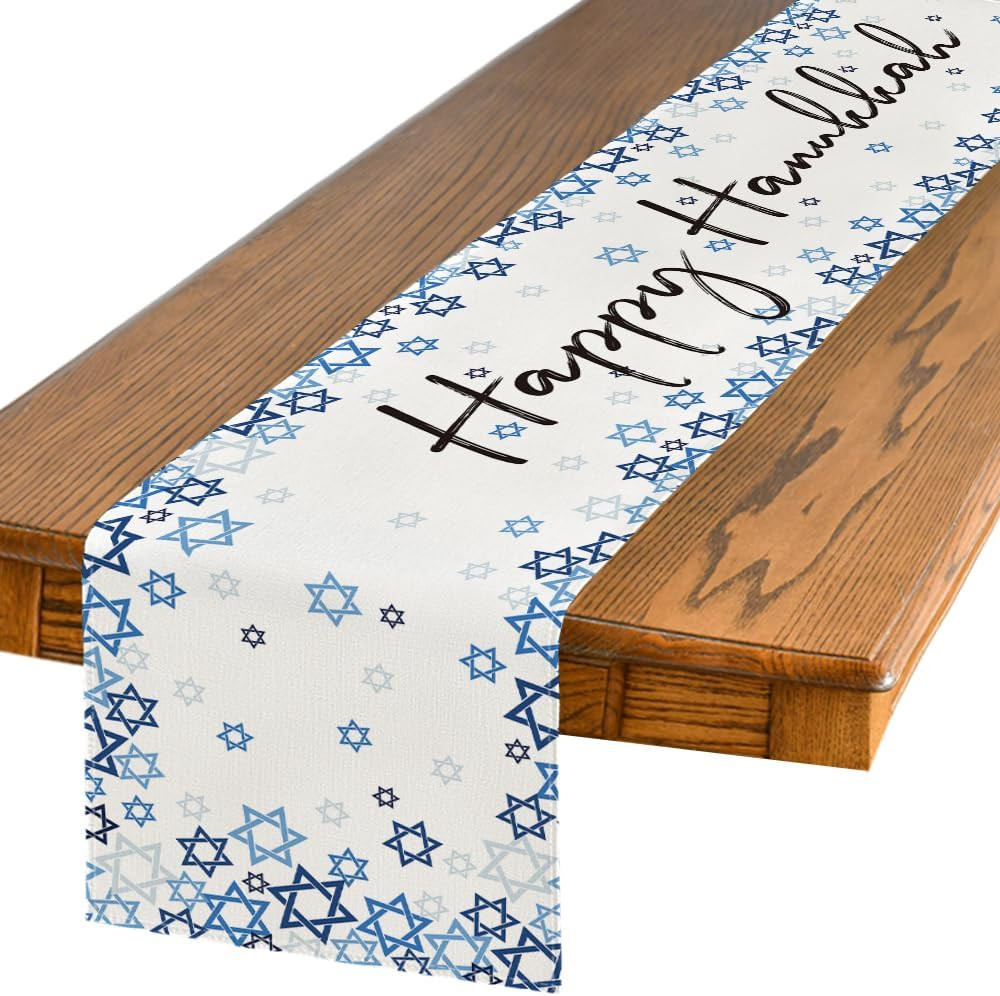 Beige Hexagram Happy Hanukkah Table Runner, Chanukah Kitchen Dining Table Decora