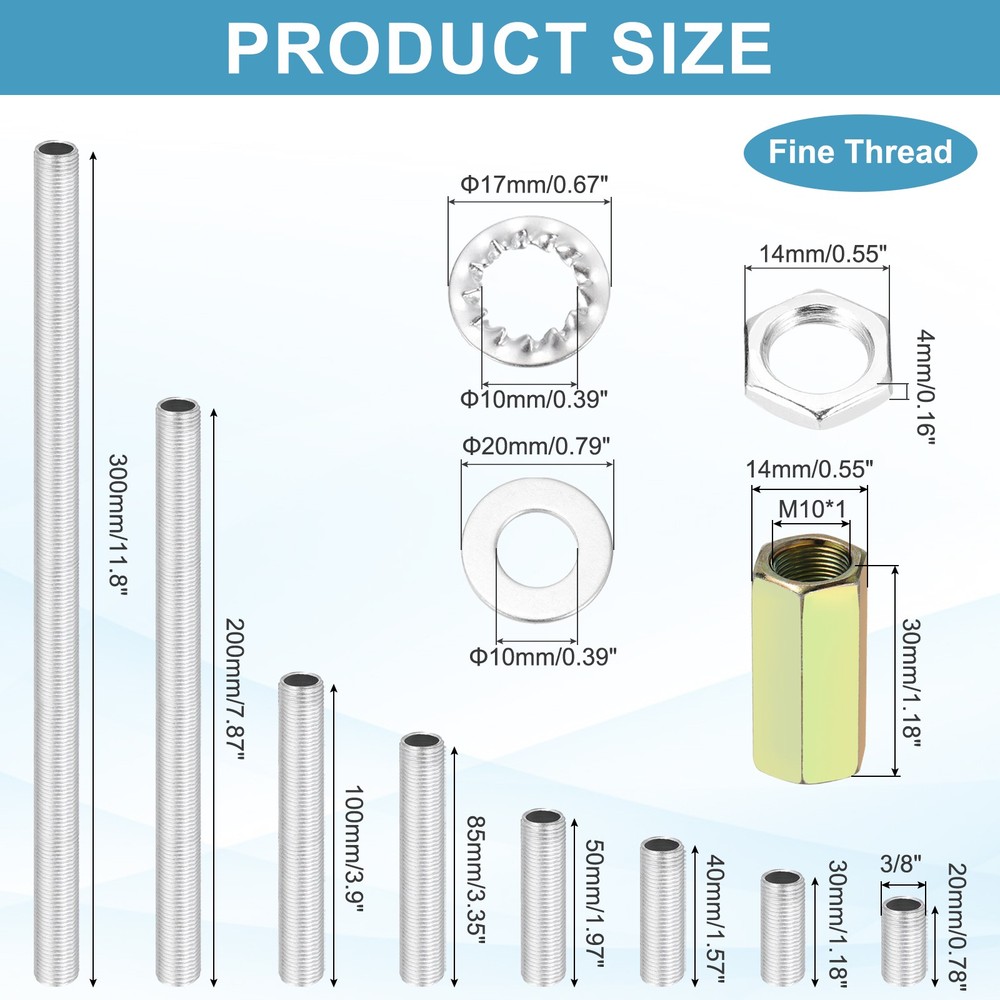 112Pcs 8 Size M10 Lamp Pipe Kit with Lock Nuts Washers for Assembly, Silver