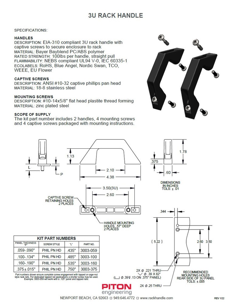 3U Rack Handle Kit, .375" Panel. Use on any 19" rackmount equipment.