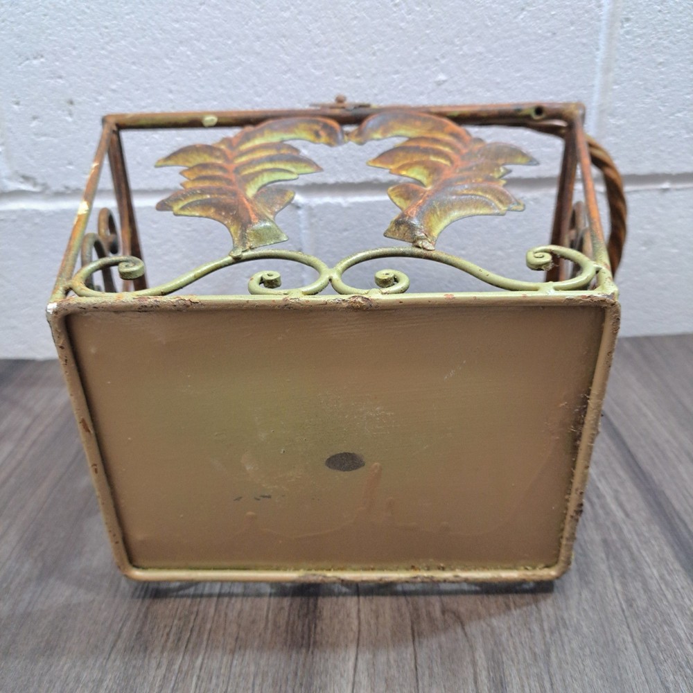 Vintage Copper Metal Basket Distressed Leaf Scroll Handle Planter Decor