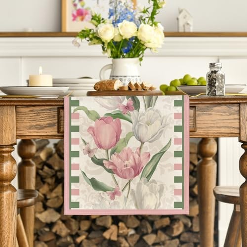 Tulip Bloom Floral 210 GSM Spring Table Runner, 13" x 72", Table Runner Pink