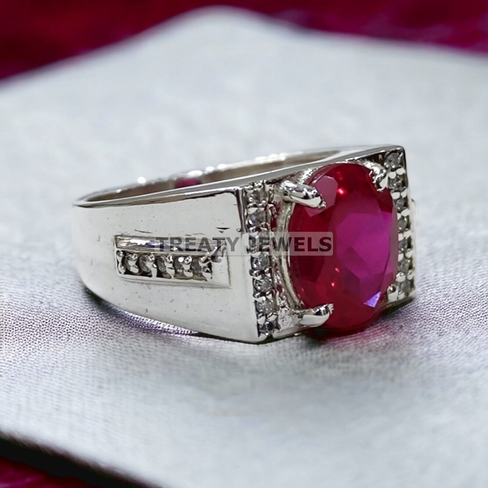 Ruby Oval Cut Gemstone With 14K Solid White Gold Ring For Men's #A495