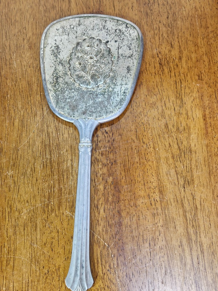 Vintage Hand Held Vanity Mirror Silver Flower Design 13”