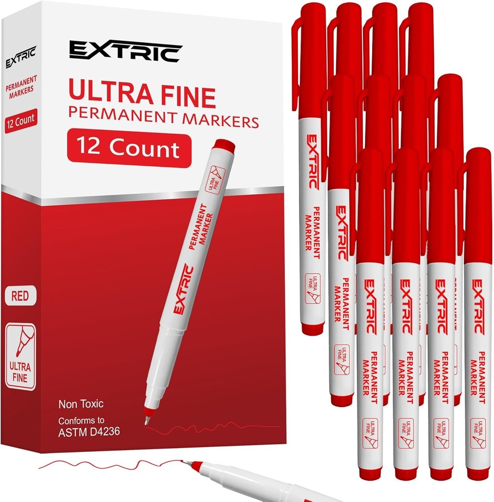 EXTRIC Permanent Markers Ultra Fine Tip Red 12 Pack