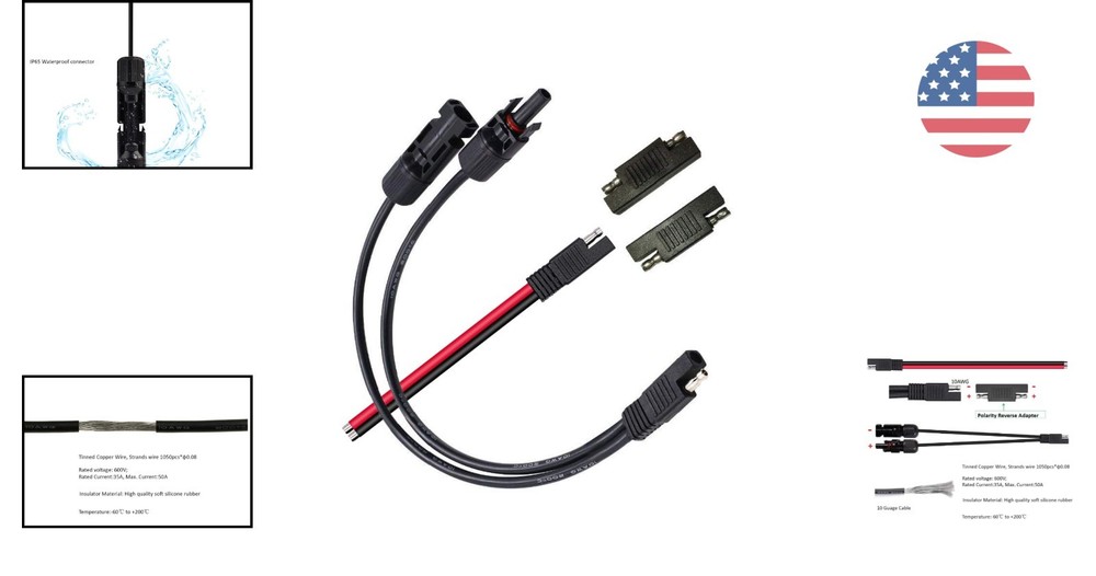 Durable 10AWG Solar Panel Extensions - Indoor/Outdoor Use with Reverse Adaptors