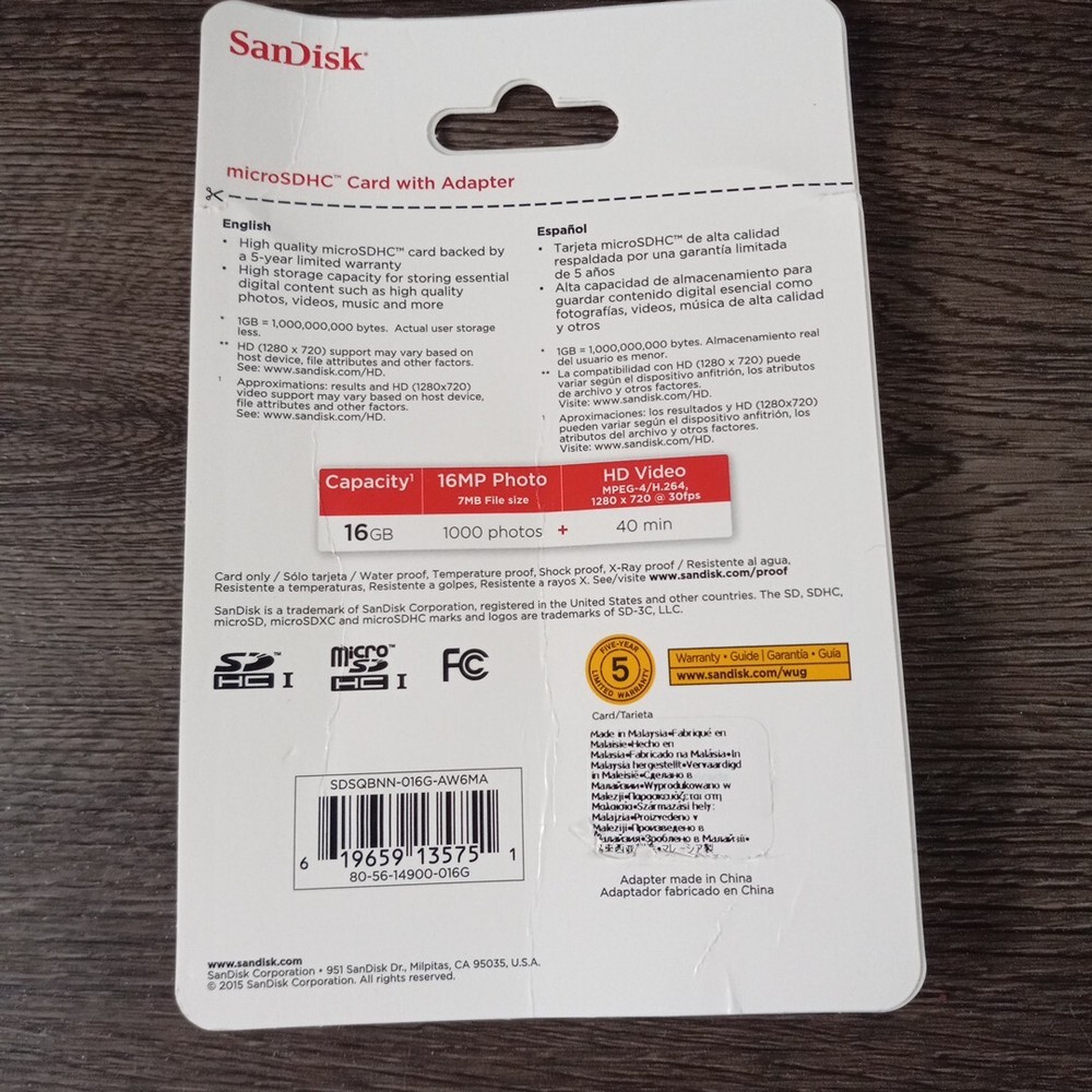 SanDisk MicroSDHC Card with Adapter Sealed NOS 16GB Memory