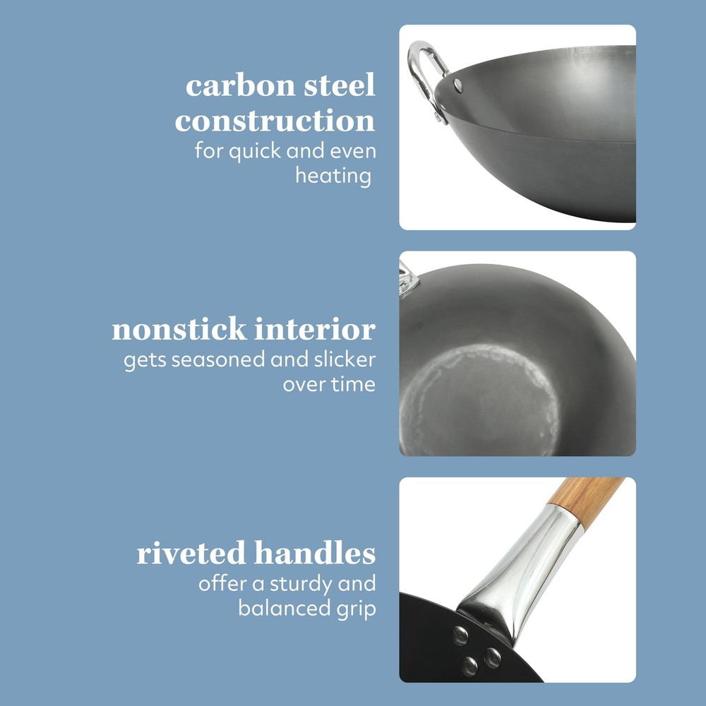 Kitchen Essentials Quick Fire 13.5" Carbon Steel Flat Bottom Wok – Durable No...