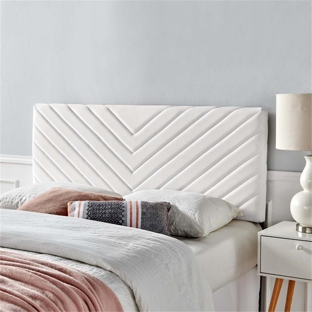 Pemberly Row Angular Channel Tufted Velvet Full/Queen Headboard in White
