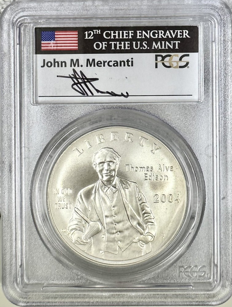 2004 P THOMAS EDISON COMMEMORATIVE SILVER DOLLAR PCGS MS70 MERCANTI SIGNED