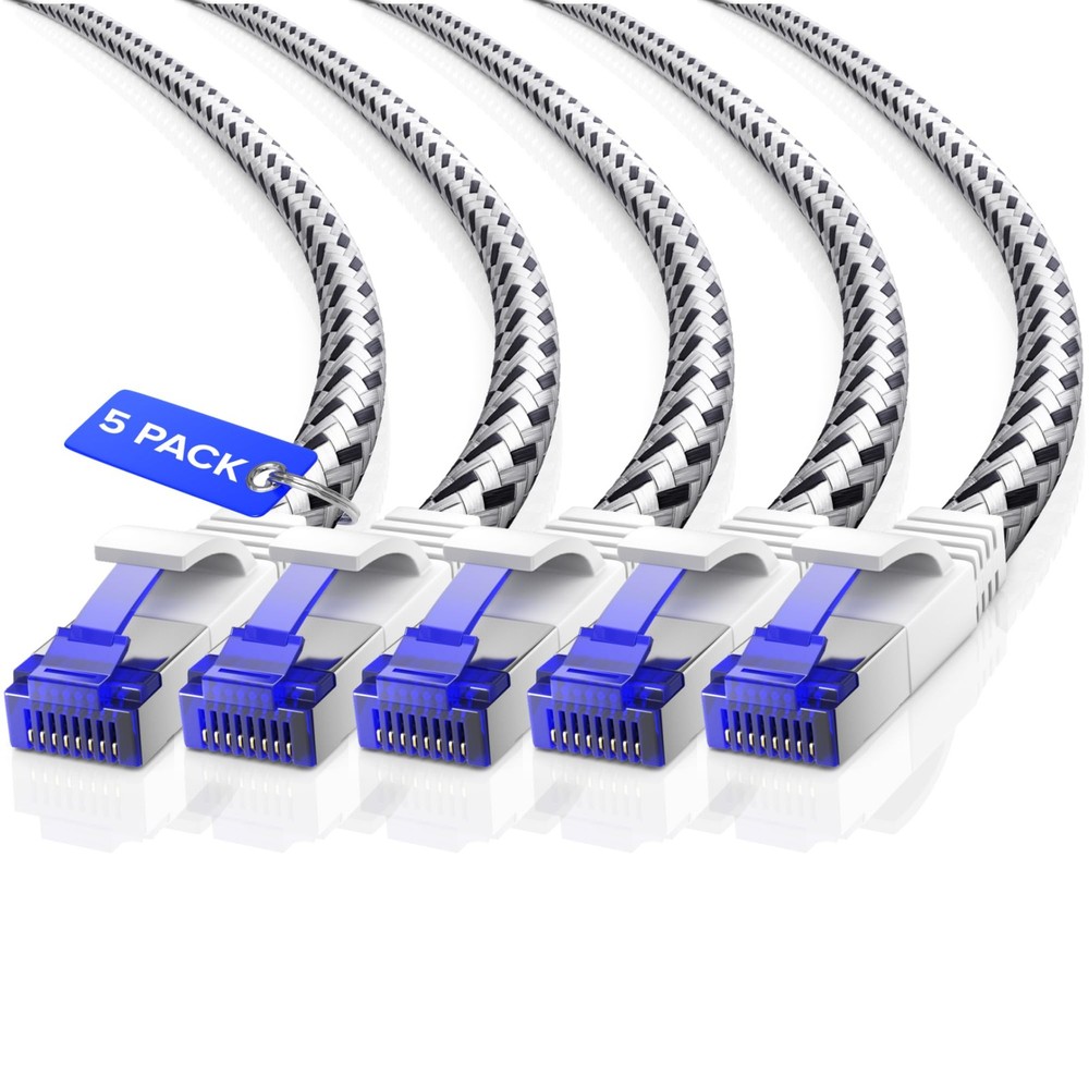 Cat7 Ethernet Cable 12ft, 5-Pack (White) - Braided High-Speed Network LAN Cab...