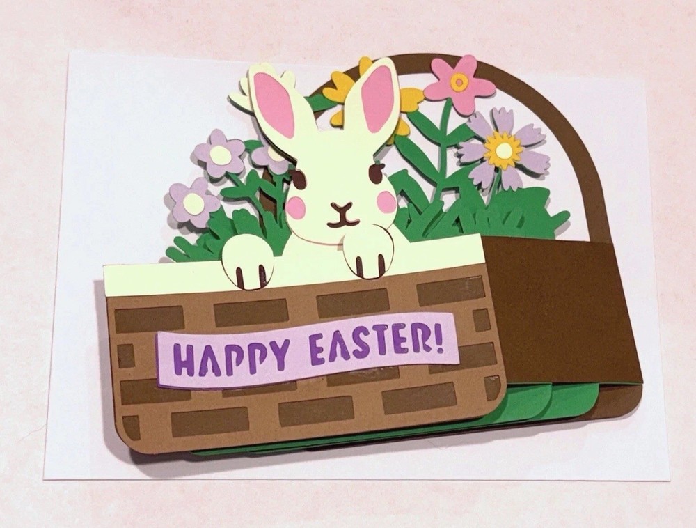 Handmade Easter Pop Up Card 3D Bunny Basket Happy Easter W/ Envelope
