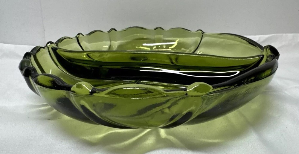 Vintage Green Glass Footed Serving Dish