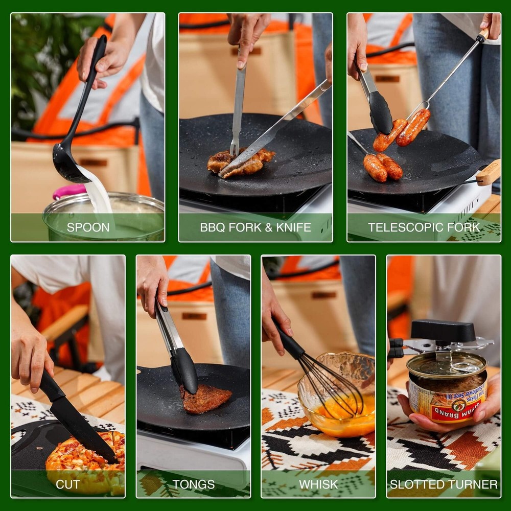 Camping Essentials Cookware Cooking Utensils Set - Portable Camp Kitchen Mess...
