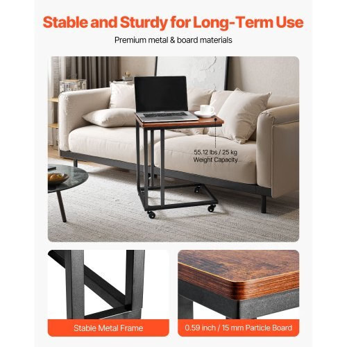 C Table, C Shaped Sofa Side Table with Metal Frame Rolling Casters, Portable C