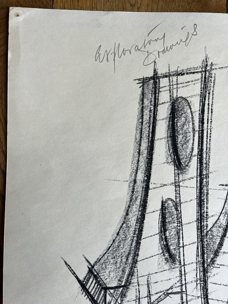 Peter Thursby Original 1969 Charcoal Drawing Study For Sculpture Signed Dated