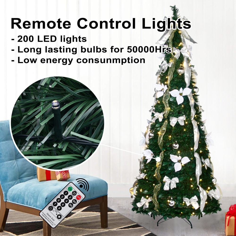 6Ft Pre-lit Pull Up Christmas Tree with Remote Fully Decorated w/ 200 LED Lights