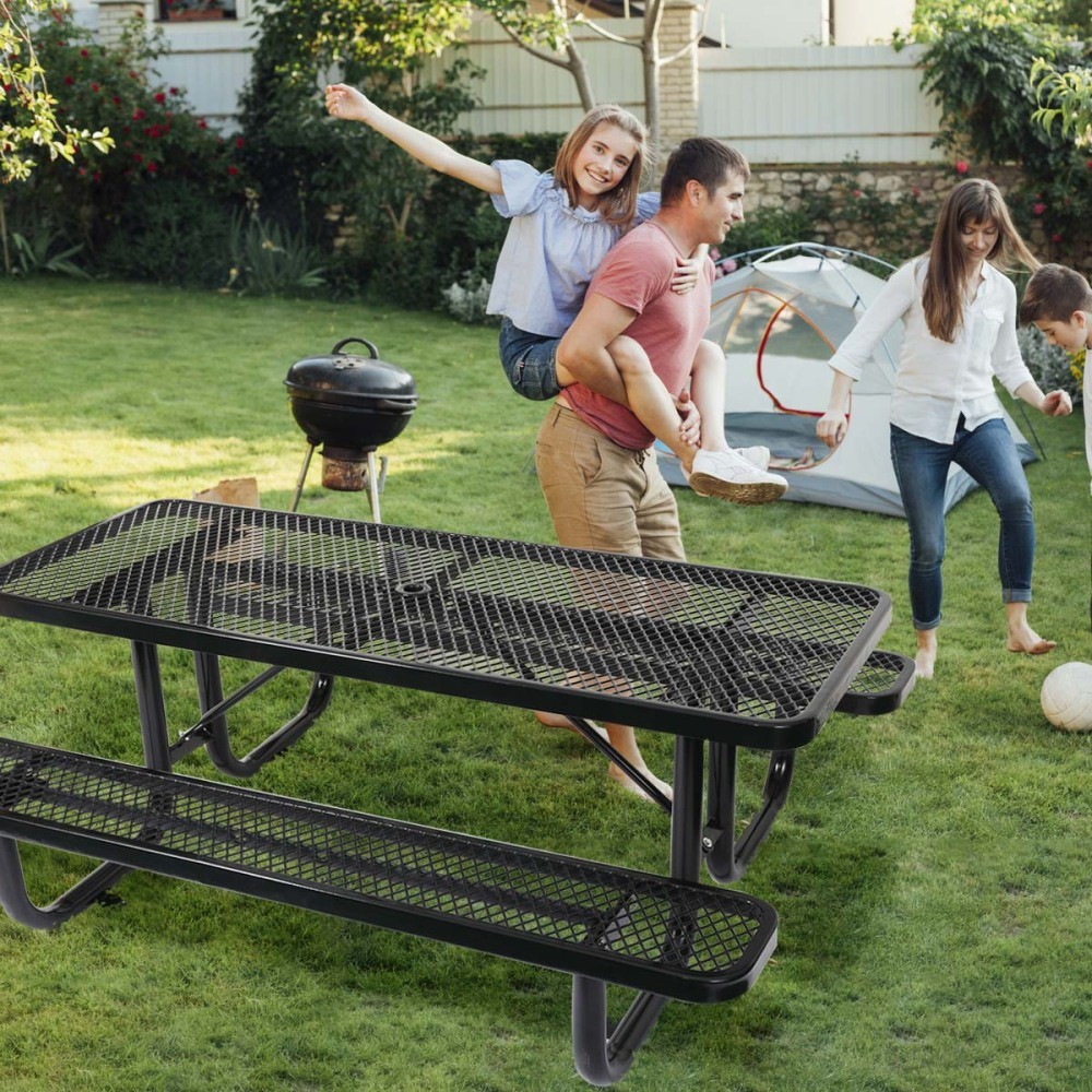 6FT Steel Rectangular Picnic Table w/ Center Umbrella Hole, Black