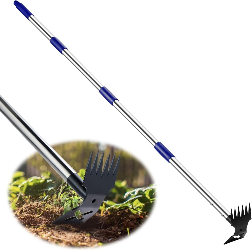 Weed Puller Tool with Long Handle 2-in-1 Garden Rake and Hoe