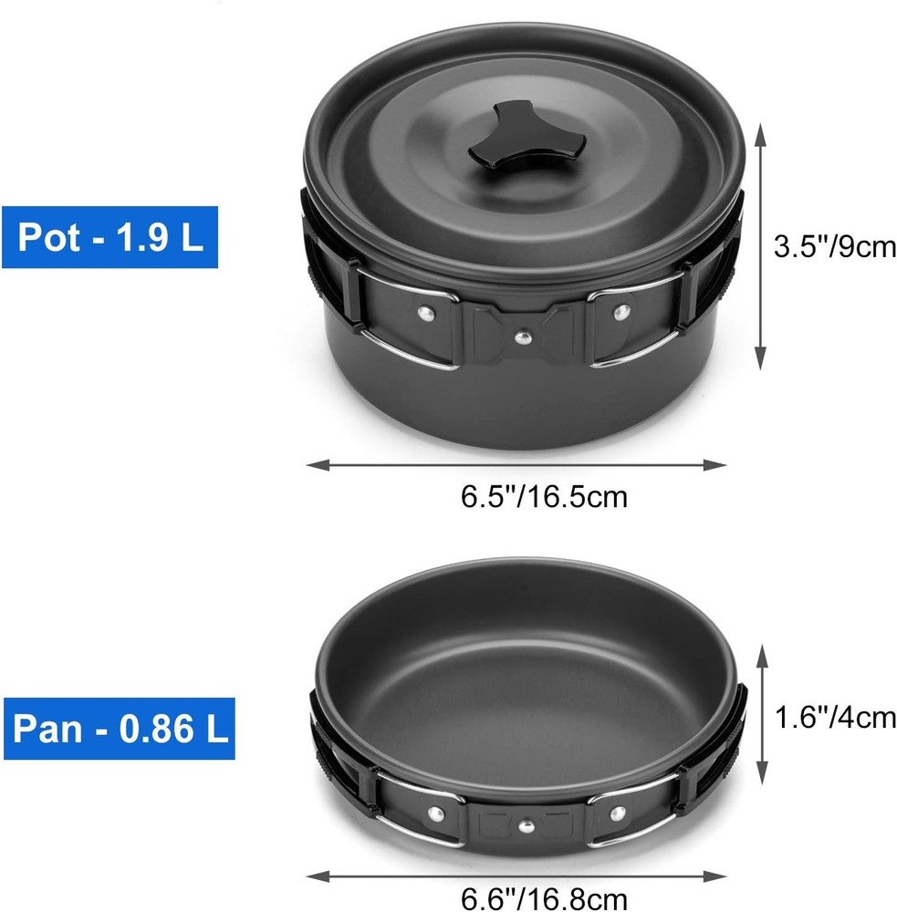 Odoland Camping Cookware Mess Kit, Lightweight Pot Pan Kettle with 2 Cups, Fork