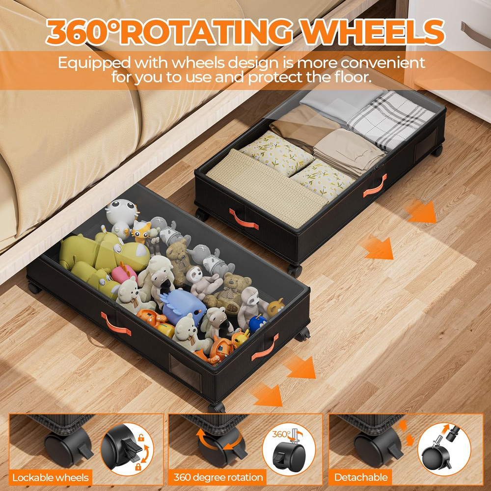 Under Bed Storage with Wheels,2-Pack under Bed Storage Containers with Clear Lid